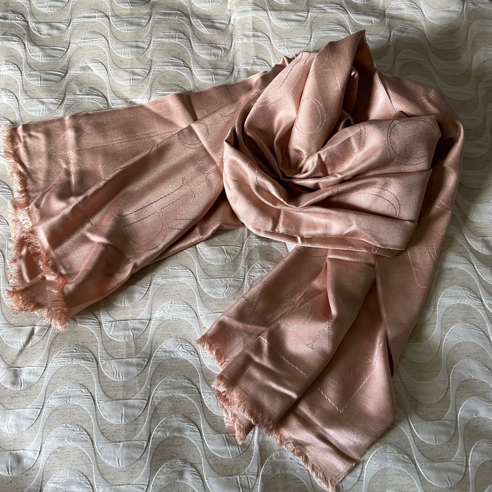 OROTON monogram Logo Scarf shawl 100% Silk Blush Pink 24x76 Designer Accessory